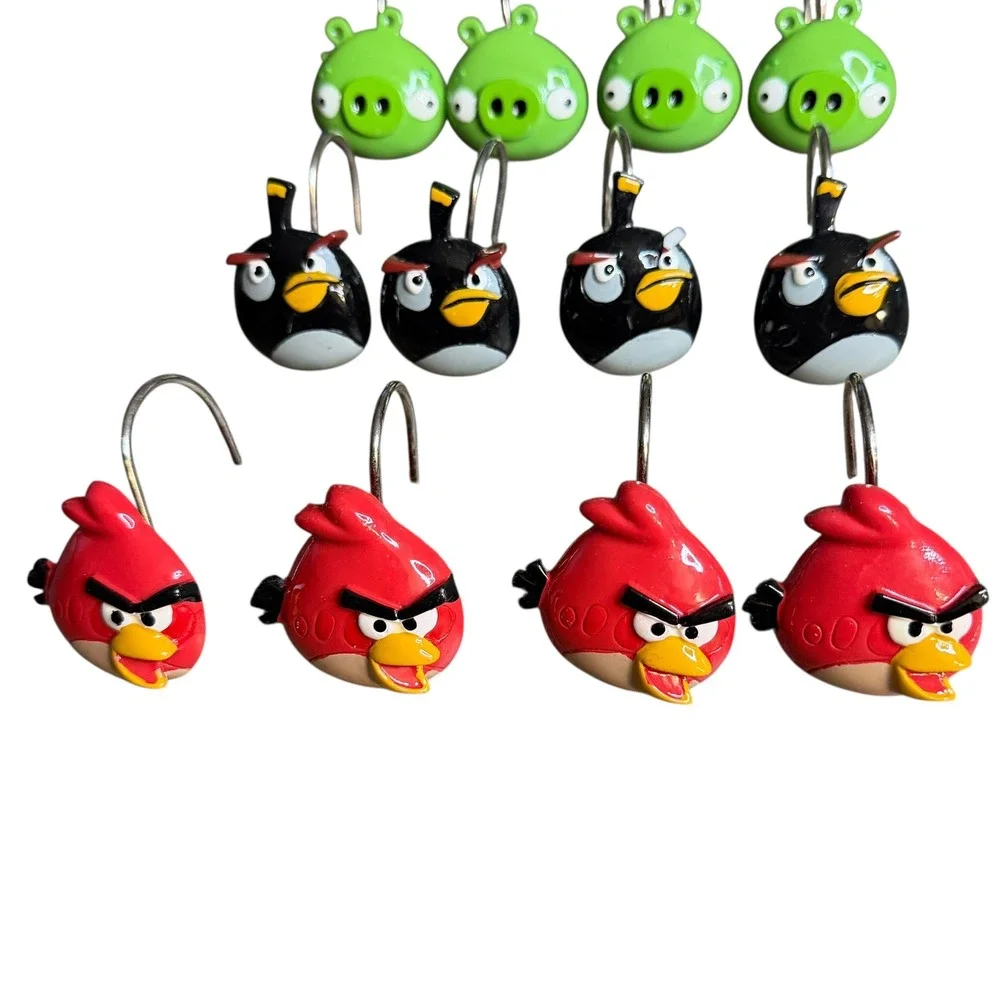 Angry Birds Shower Curtain Hooks Set of 12 Rovio 2013 Red Black Green Pig Decor